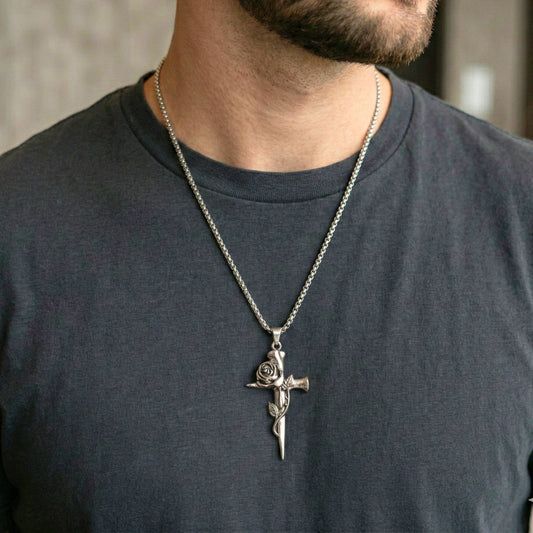 ROSE CROSS - 32mm Pure Titanium Steel Pendant with 28inch Round Box 4mm Chain for Men & Boys - THE MEN THING