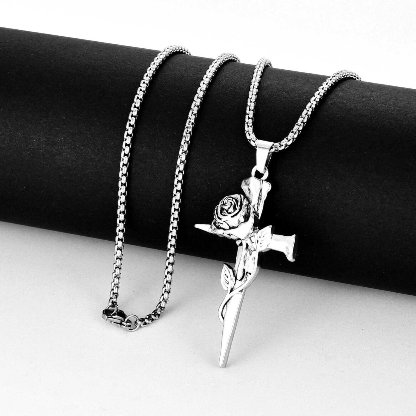 ROSE CROSS - 32mm Pure Titanium Steel Pendant with 28inch Round Box 4mm Chain for Men & Boys — SS Pendant/ Necklace for Men | THE MEN THING