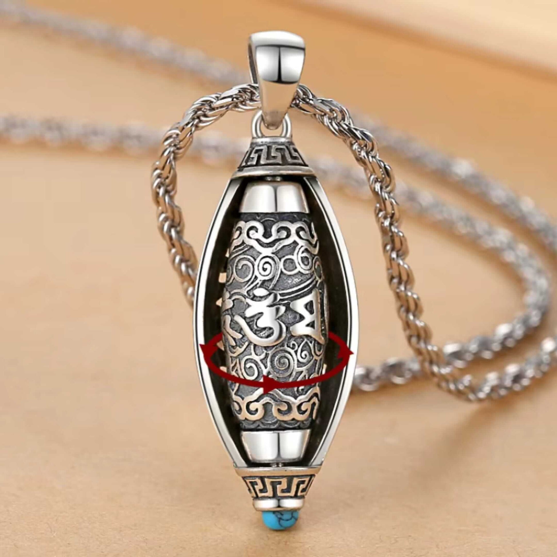 ROTATING MANTRA WHEEL - 14mm Titanium Steel Pendant with 23inch 4mm Twisted Chain for Men & Boys — SS Pendant/ Necklace for Men | THE MEN THING