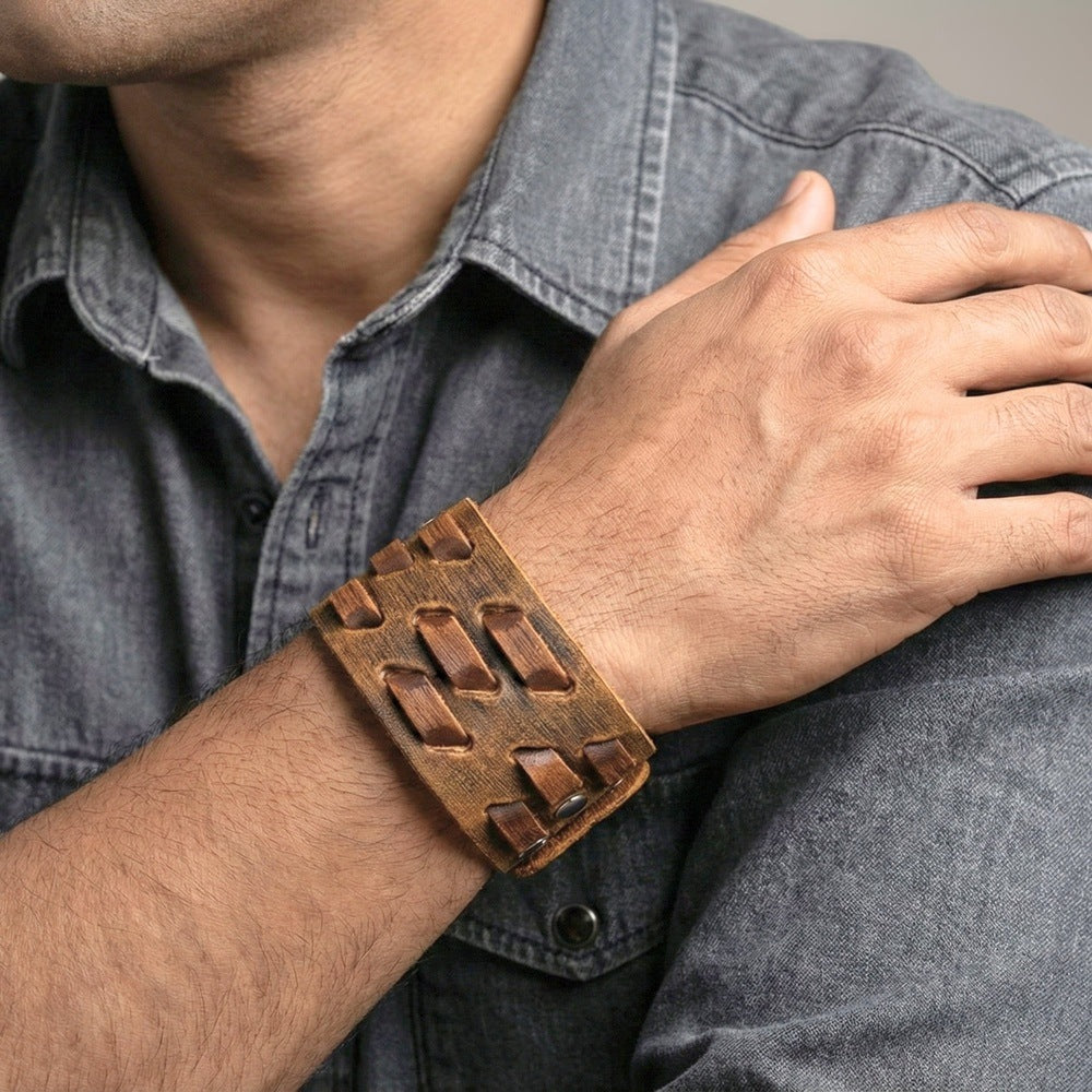ROUGH TERRAIN - 40.2mm Brown Genuine Leather Adjustable Bracelet for Men & Boys (7.8-8.6-9.2 inch) - THE MEN THING