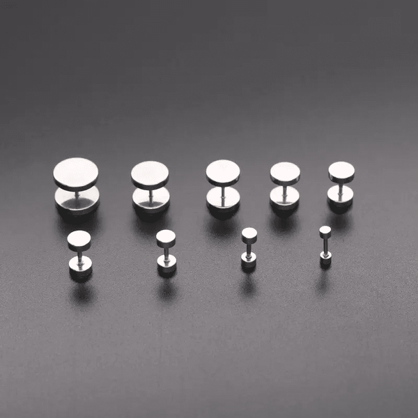 ROUND DUMBBELL - SILVER - Pure Titanium Steel Ear Hoop Earrings for Men & Boys (16mm to 2mm) (2 Pcs)