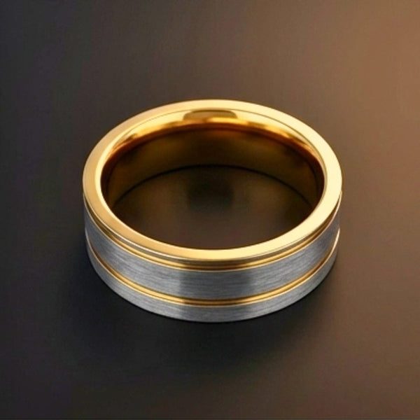 ROYAL FUSION RING - Pure Stainless Steel Men’s Gold-Steel Plated Ring (Size : 17-22-27)