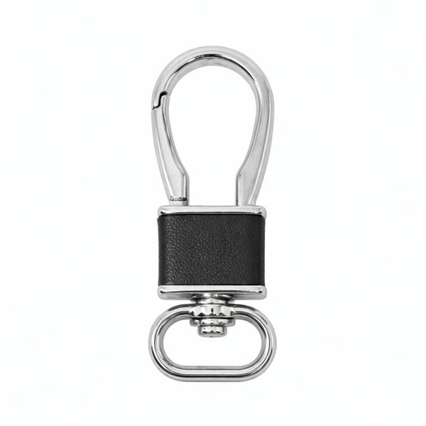 ROYAL GRIP LEATHER - SILVER CHROME & BLACK - Stainless Steel Keychain for Men & Boy