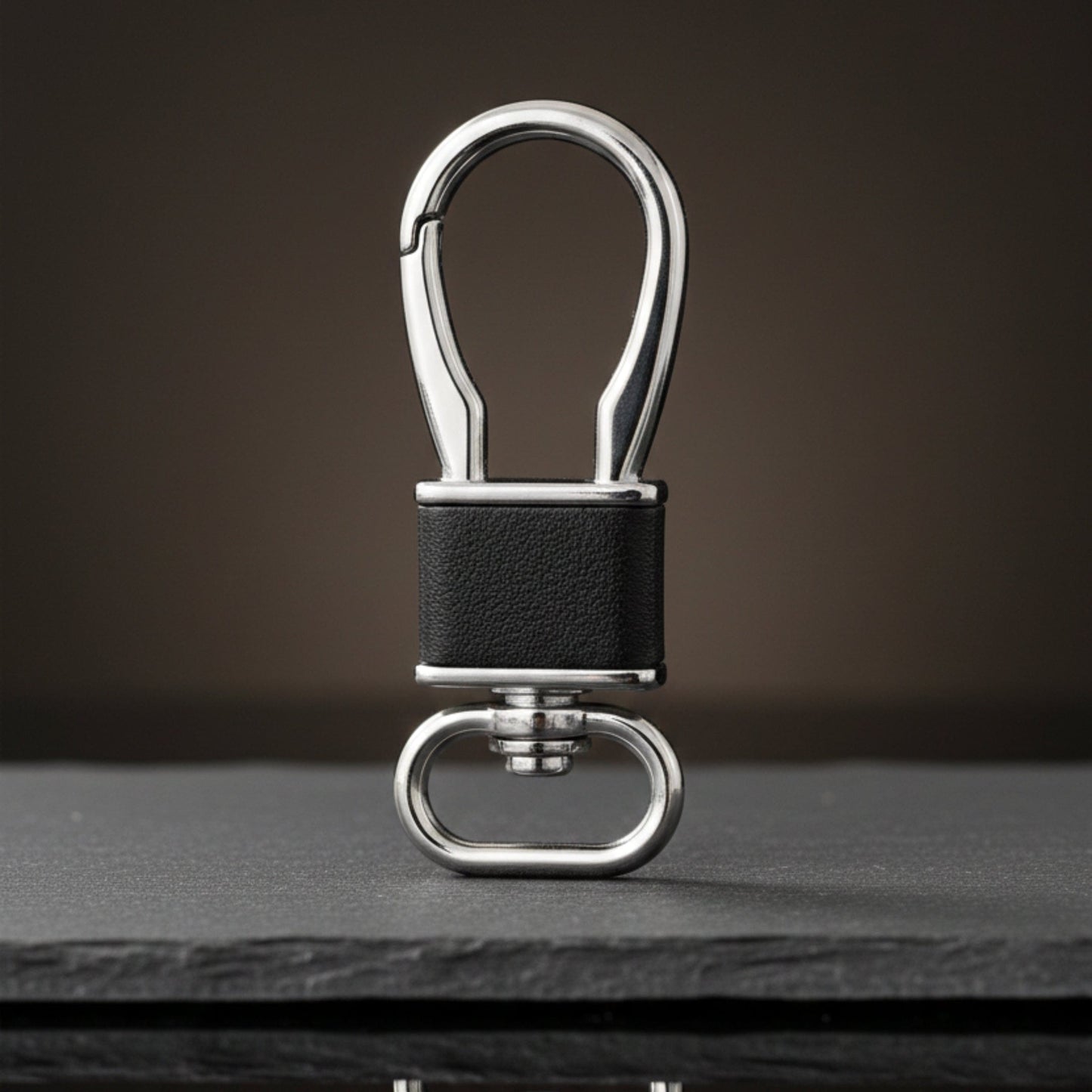 ROYAL GRIP LEATHER - SILVER CHROME & BLACK - Stainless Steel Keychain for Men & Boy - THE MEN THING