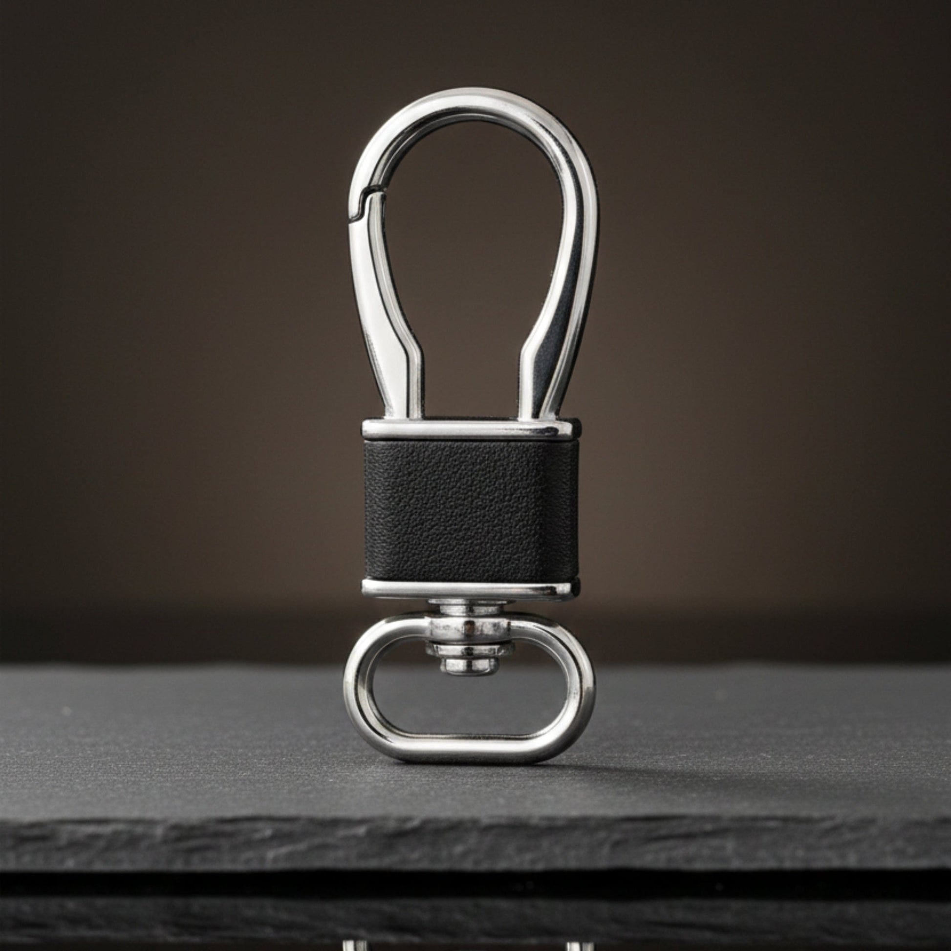 ROYAL GRIP LEATHER - SILVER CHROME & BLACK - Stainless Steel Keychain for Men & Boy - THE MEN THING