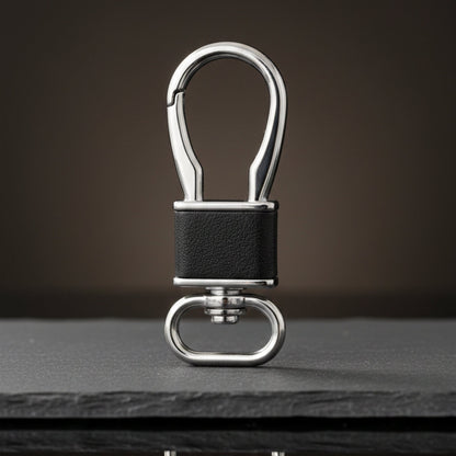 ROYAL GRIP LEATHER - SILVER CHROME & BLACK - Stainless Steel Keychain for Men & Boy - THE MEN THING