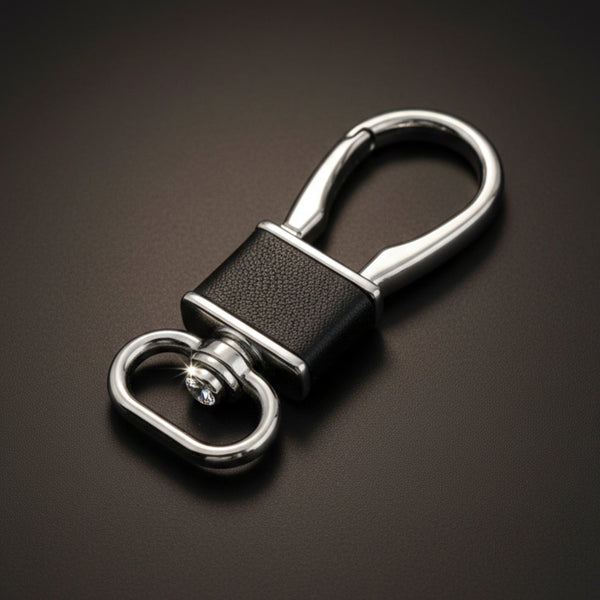 ROYAL GRIP LEATHER - SILVER CHROME & BLACK - Stainless Steel Keychain for Men & Boy