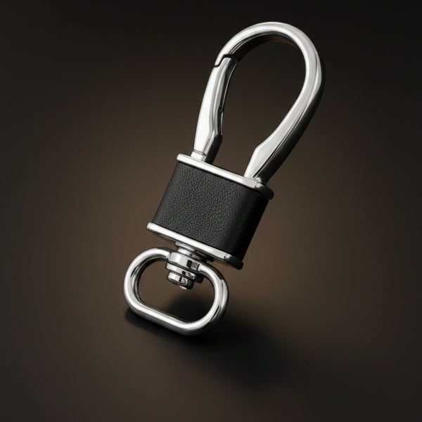 ROYAL GRIP LEATHER - SILVER CHROME & BLACK - Stainless Steel Keychain for Men & Boy
