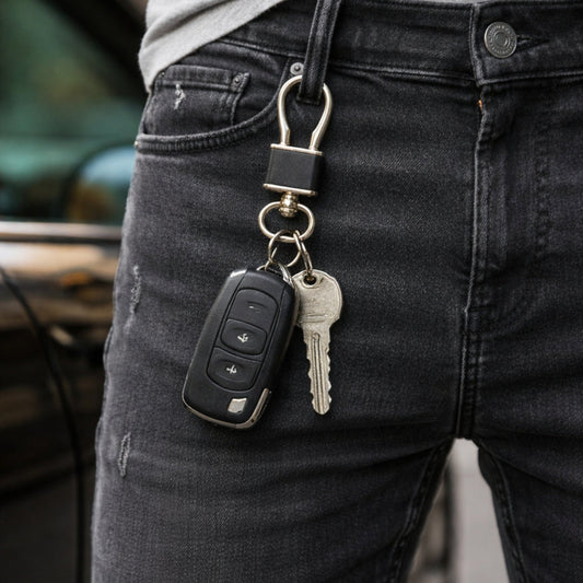 ROYAL GRIP LEATHER - SILVER CHROME & BLACK - Stainless Steel Keychain for Men & Boy - THE MEN THING