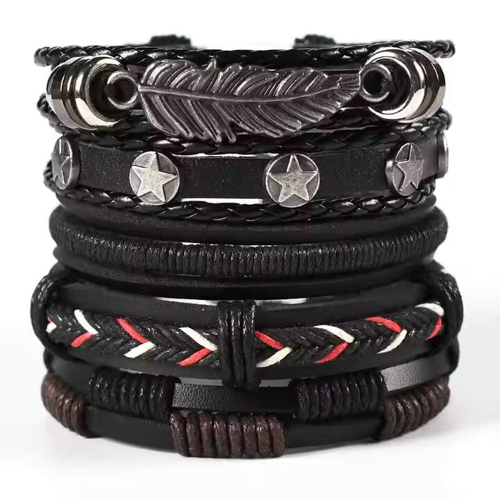 ROYAL SENTINEL -  5 Pcs Genuine Braided Leather Bracelet Set for Men & Boys (8 inch) - THE MEN THING