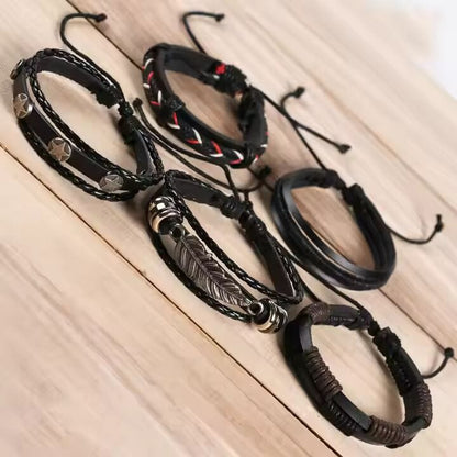 ROYAL SENTINEL -  5 Pcs Genuine Braided Leather Bracelet Set for Men & Boys (8 inch) - THE MEN THING