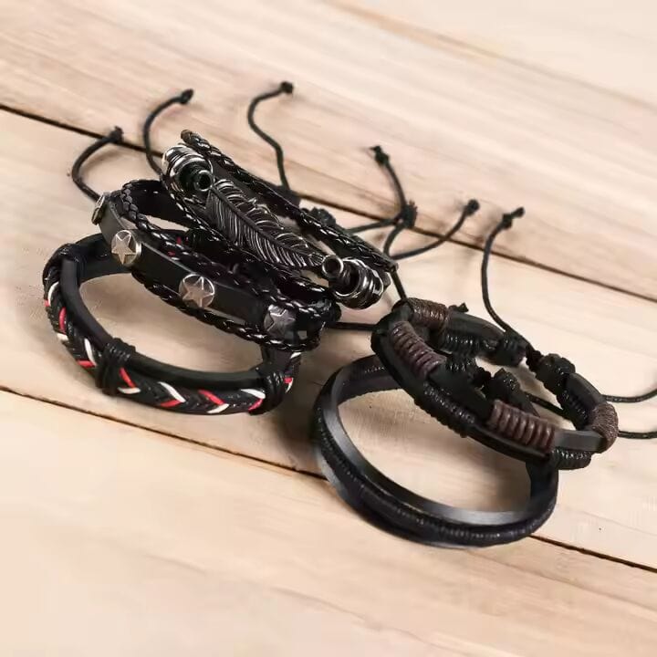 ROYAL SENTINEL -  5 Pcs Genuine Braided Leather Bracelet Set for Men & Boys (8 inch) - THE MEN THING