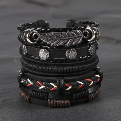 ROYAL SENTINEL -  5 Pcs Genuine Braided Leather Bracelet Set for Men & Boys (8 inch) - THE MEN THING