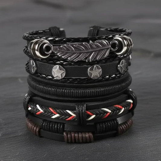 ROYAL SENTINEL -  5 Pcs Genuine Braided Leather Bracelet Set for Men & Boys (8 inch) - THE MEN THING