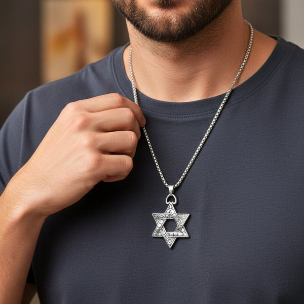 RUNIC STAR - 39mm Titanium Steel Pendant with 24inch Round Box 5mm Chain for Men & Boys