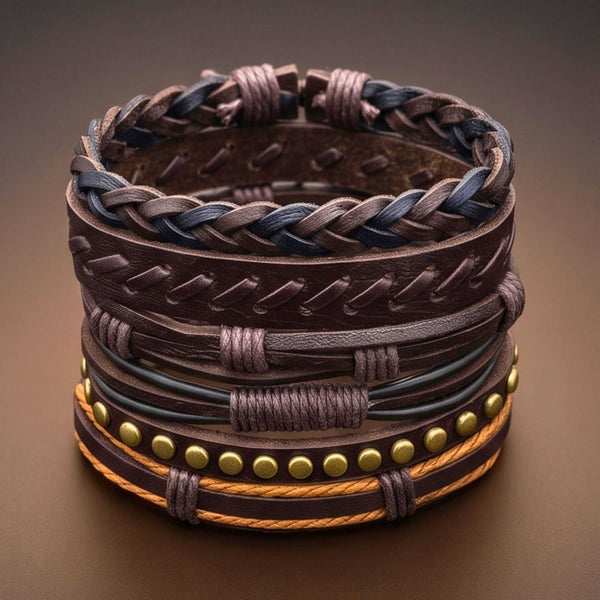 RUSTCORE - 6 Pcs Genuine Leather Adjustable Bracelet for Men & Boys