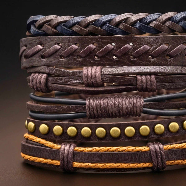 RUSTCORE - 6 Pcs Genuine Leather Adjustable Bracelet for Men & Boys