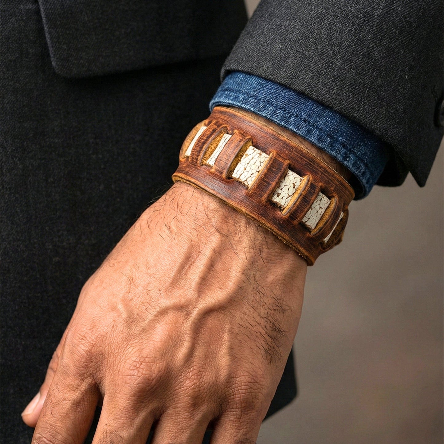 RUSTIC GROVE - 32mm Brown Genuine Leather Adjustable Bracelet for Men & Boys (7.5-8 inch) - THE MEN THING