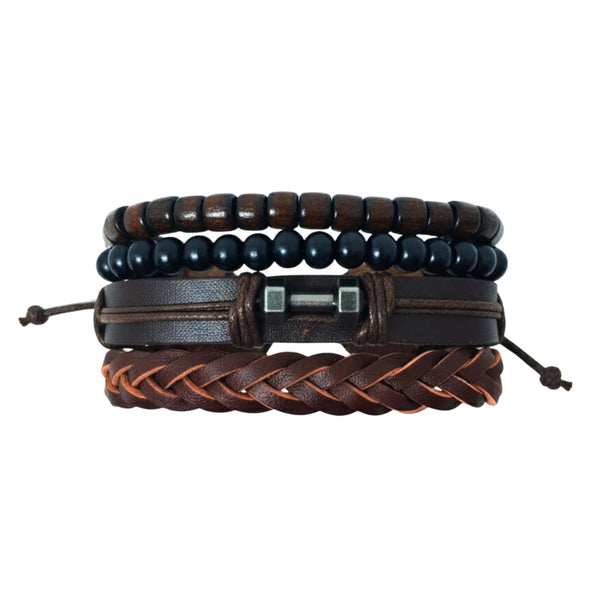 RUSTIC WARRIOR - 4 Pcs Genuine Leather Adjustable Bracelet Set for Men & Boys (8 inch)