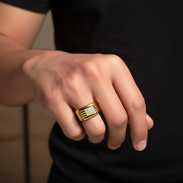 Royal Series - ALPHA BLOCK RING - Pure Stainless Steel Men’s Gold-Plated Ring – Statement Luxury Jewelry (Size : 17-21-26)