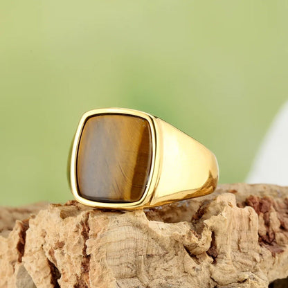 Royal Series - AMBERSTONE CREST RING - Pure Stainless Steel Men’s Gold-Plated Ring – Statement Luxury Jewelry (Size : 16-21-26) - THE MEN THING