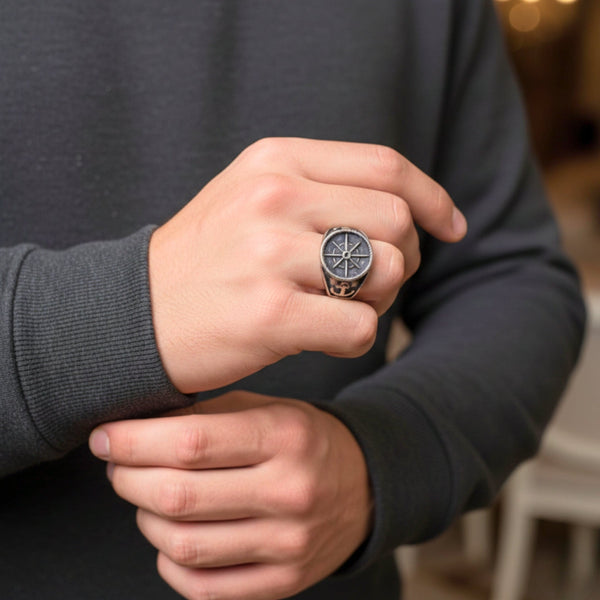 Royal Series - ANCHOR NORTH RING - Pure Stainless Steel Men’s Steel-Plated Ring – Statement Luxury Jewelry (Size : 19-22-24-28-30)