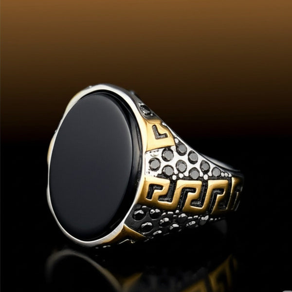 Royal Series - AURUM ECLIPSE RING - Pure Stainless Steel Men’s Gold-Plated Ring – Statement Luxury Jewelry (Size : 16-17-21-22)