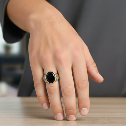 Royal Series - AURUM ECLIPSE RING - Pure Stainless Steel Men’s Gold-Plated Ring – Statement Luxury Jewelry (Size : 16-17-21-22) - THE MEN THING