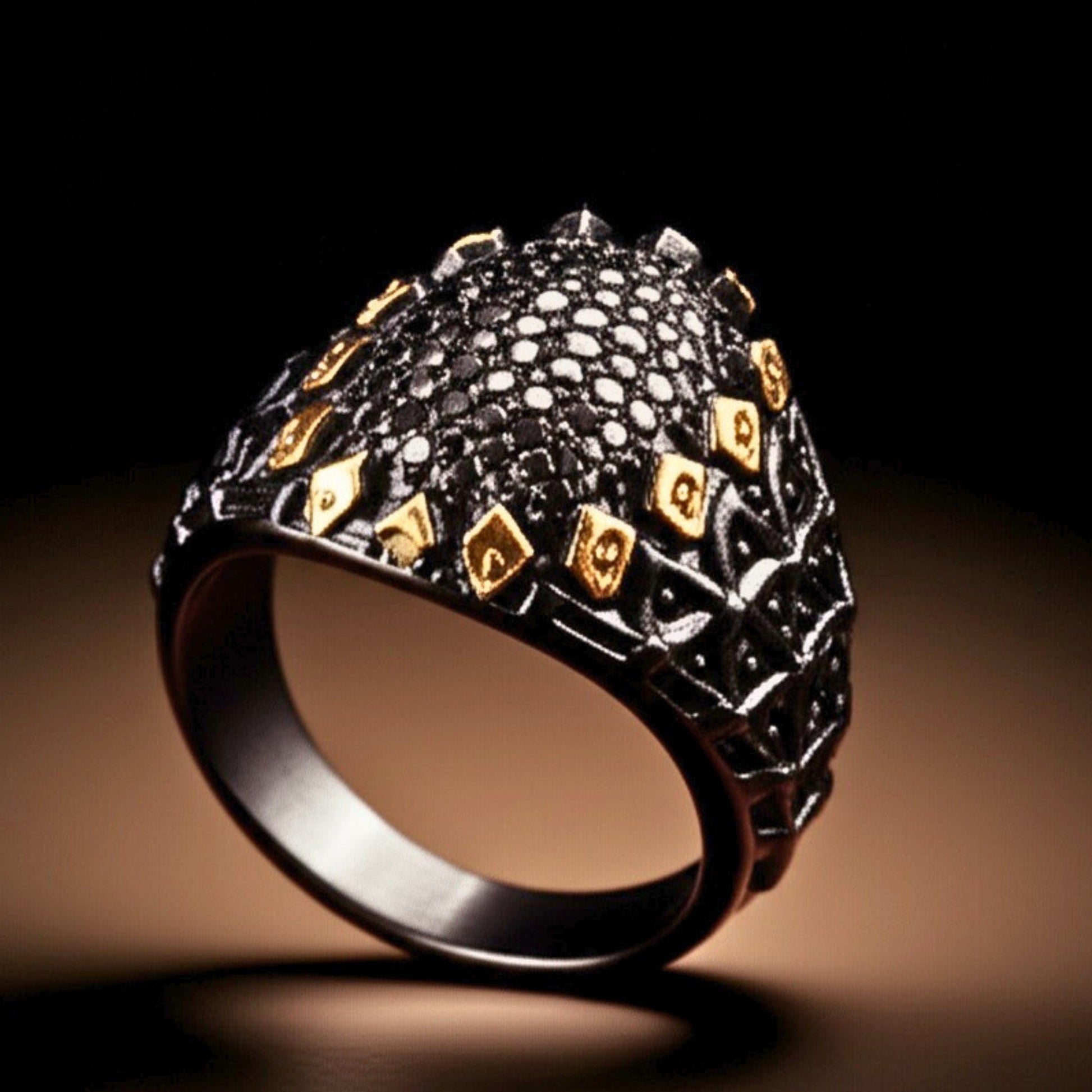 Royal Series - BLACK SPIRE EMBER RING - Pure Stainless Steel Men’s Black-Gold-Plated Ring – Statement Luxury Jewelry (Size : 16-19-21-22-24-26-27) - THE MEN THING