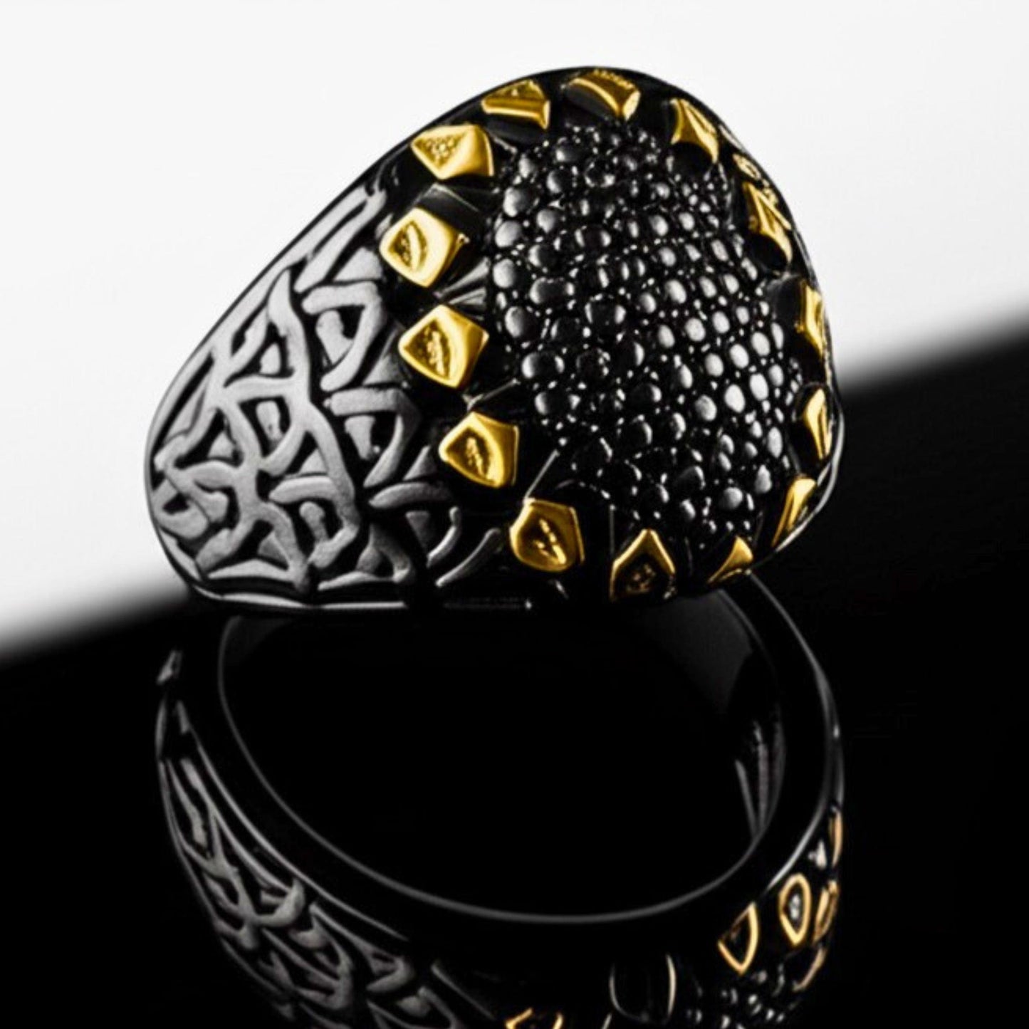 Royal Series - BLACK SPIRE EMBER RING - Pure Stainless Steel Men’s Black-Gold-Plated Ring – Statement Luxury Jewelry (Size : 16-19-21-22-24-26-27) - THE MEN THING