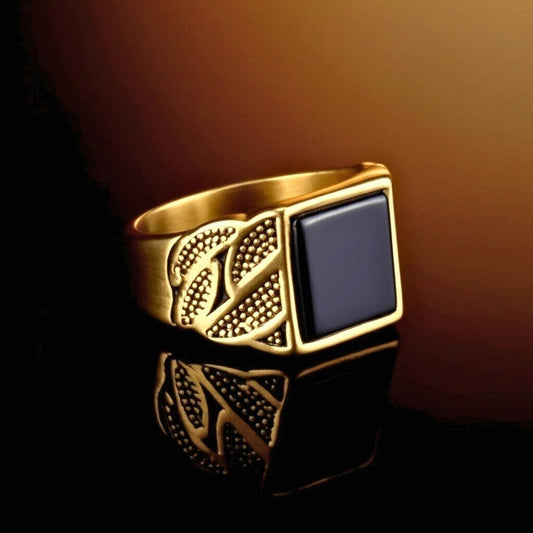Royal Series - BLACKSTONE MAJESTY RING - Pure Stainless Steel Men’s Gold-Plated Ring – Statement Luxury Jewelry (Size : 16-19-21-27) - THE MEN THING