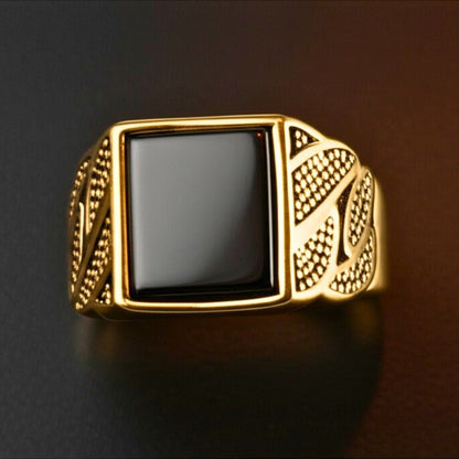 Royal Series - BLACKSTONE MAJESTY RING - Pure Stainless Steel Men’s Gold-Plated Ring – Statement Luxury Jewelry (Size : 16-19-21-27) - THE MEN THING