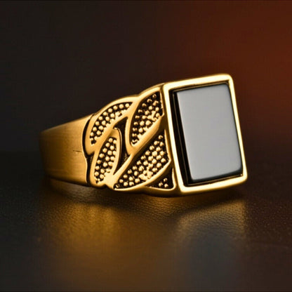Royal Series - BLACKSTONE MAJESTY RING - Pure Stainless Steel Men’s Gold-Plated Ring – Statement Luxury Jewelry (Size : 16-19-21-27) - THE MEN THING