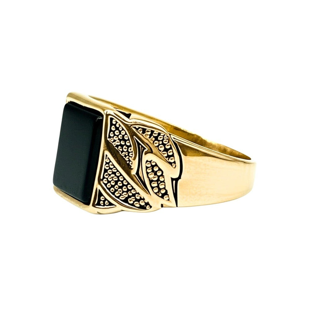 Royal Series - BLACKSTONE MAJESTY RING - Pure Stainless Steel Men’s Gold-Plated Ring – Statement Luxury Jewelry (Size : 16-19-21-27) - THE MEN THING