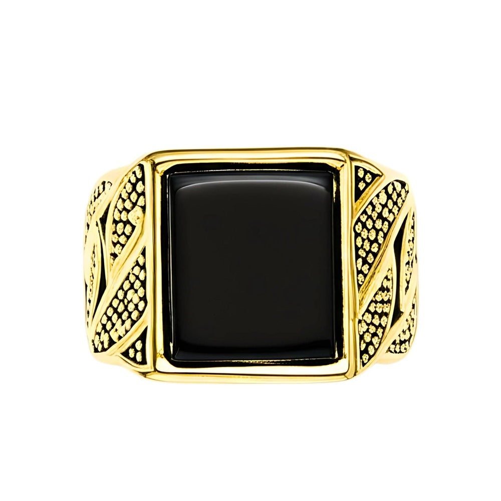Royal Series - BLACKSTONE MAJESTY RING - Pure Stainless Steel Men’s Gold-Plated Ring – Statement Luxury Jewelry (Size : 16-19-21-27) - THE MEN THING