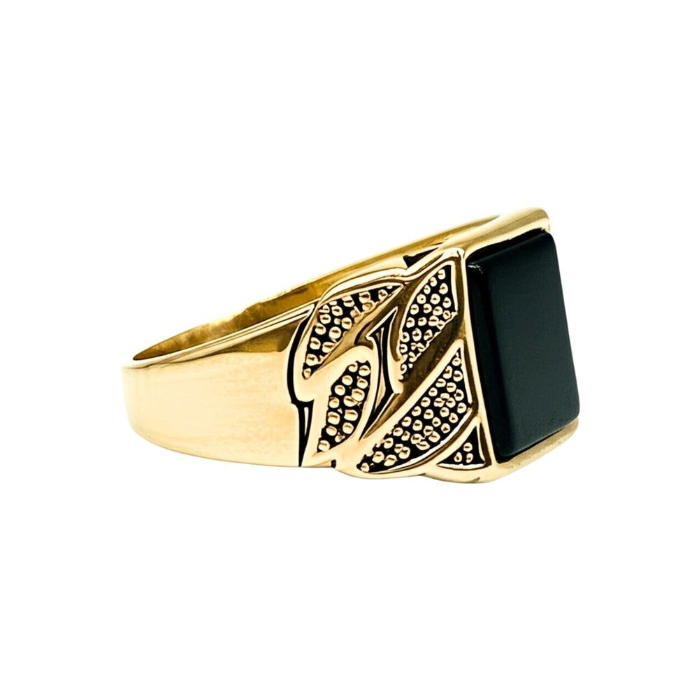 Royal Series - BLACKSTONE MAJESTY RING - Pure Stainless Steel Men’s Gold-Plated Ring – Statement Luxury Jewelry (Size : 16-19-21-27) - THE MEN THING
