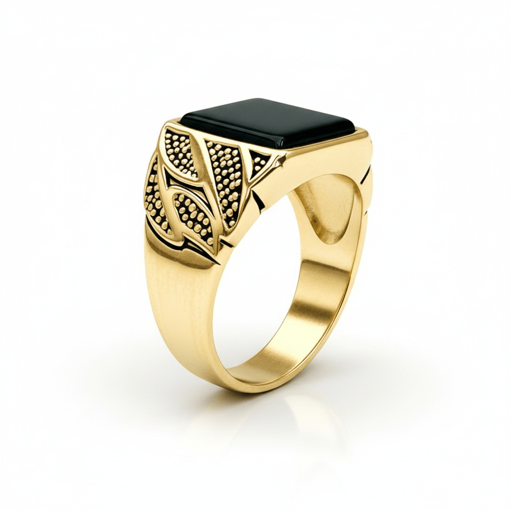 Royal Series - BLACKSTONE MAJESTY RING - Pure Stainless Steel Men’s Gold-Plated Ring – Statement Luxury Jewelry (Size : 16-19-21-27) - THE MEN THING