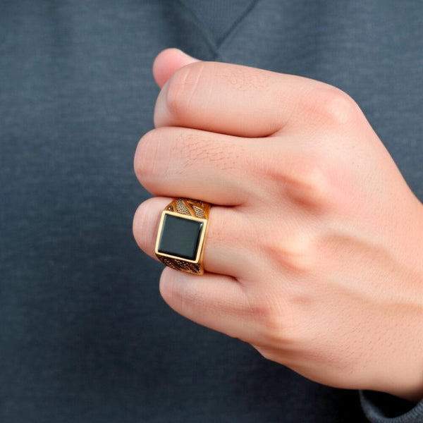 Royal Series - BLACKSTONE MAJESTY RING - Pure Stainless Steel Men’s Gold-Plated Ring – Statement Luxury Jewelry (Size : 16-19-21-27)