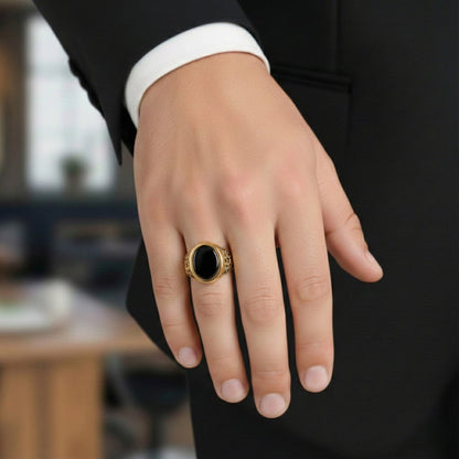 Royal Series - CONYX STAR RING - Pure Stainless Steel Men’s Gold-Plated Ring – Statement Luxury Jewelry (Size : 16-22-26) - THE MEN THING