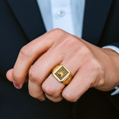 Royal Series - CROWN CODE RING - Pure Stainless Steel Men’s Gold-Plated Ring – Statement Luxury Jewelry (Size : 17-19-21-24-26) - THE MEN THING