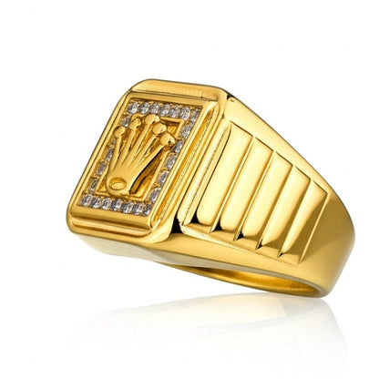 Royal Series - CROWN CODE RING - Pure Stainless Steel Men’s Gold-Plated Ring – Statement Luxury Jewelry (Size : 17-19-21-24-26) - THE MEN THING
