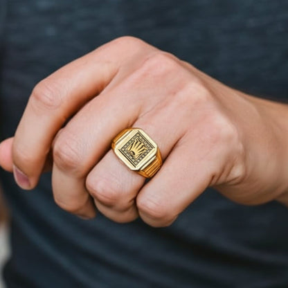 Royal Series - CROWN CODE RING - Pure Stainless Steel Men’s Gold-Plated Ring – Statement Luxury Jewelry (Size : 17-19-21-24-26) - THE MEN THING