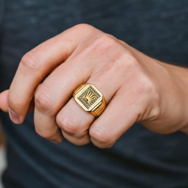 Royal Series - CROWN CODE RING - Pure Stainless Steel Men’s Gold-Plated Ring – Statement Luxury Jewelry (Size : 17-19-21-24-26)