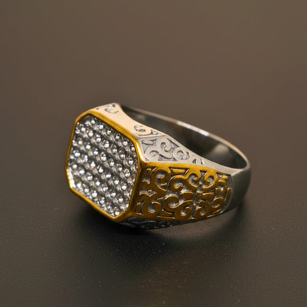 Royal Series - CROWN HEX RING - Pure Stainless Steel Men’s Gold-Plated Ring – Statement Luxury Jewelry (Size : 17-21-26)