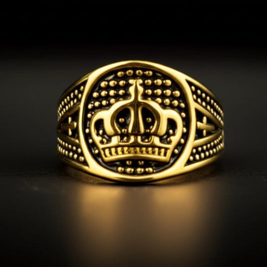 Royal Series - CROWN VALOR RING - Pure Stainless Steel Men’s Gold-Plated Crown Ring – Statement Luxury Jewelry (Size : 19-22-24) - THE MEN THING