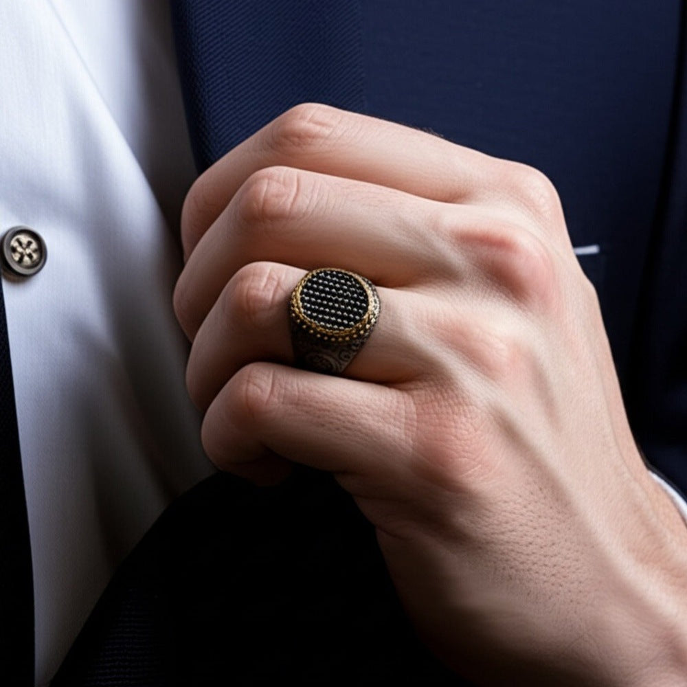 Royal Series - DARK HALO RING - Pure Stainless Steel Men’s Steel-Plated Black-Gold Ring – Statement Luxury Jewelry (Size : 16-21-26) - THE MEN THING
