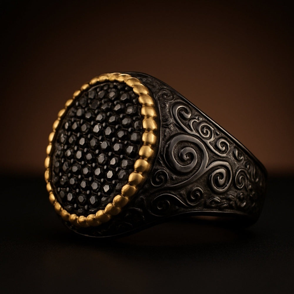 Royal Series - DARK HALO RING - Pure Stainless Steel Men’s Steel-Plated Black-Gold Ring – Statement Luxury Jewelry (Size : 16-21-26) - THE MEN THING