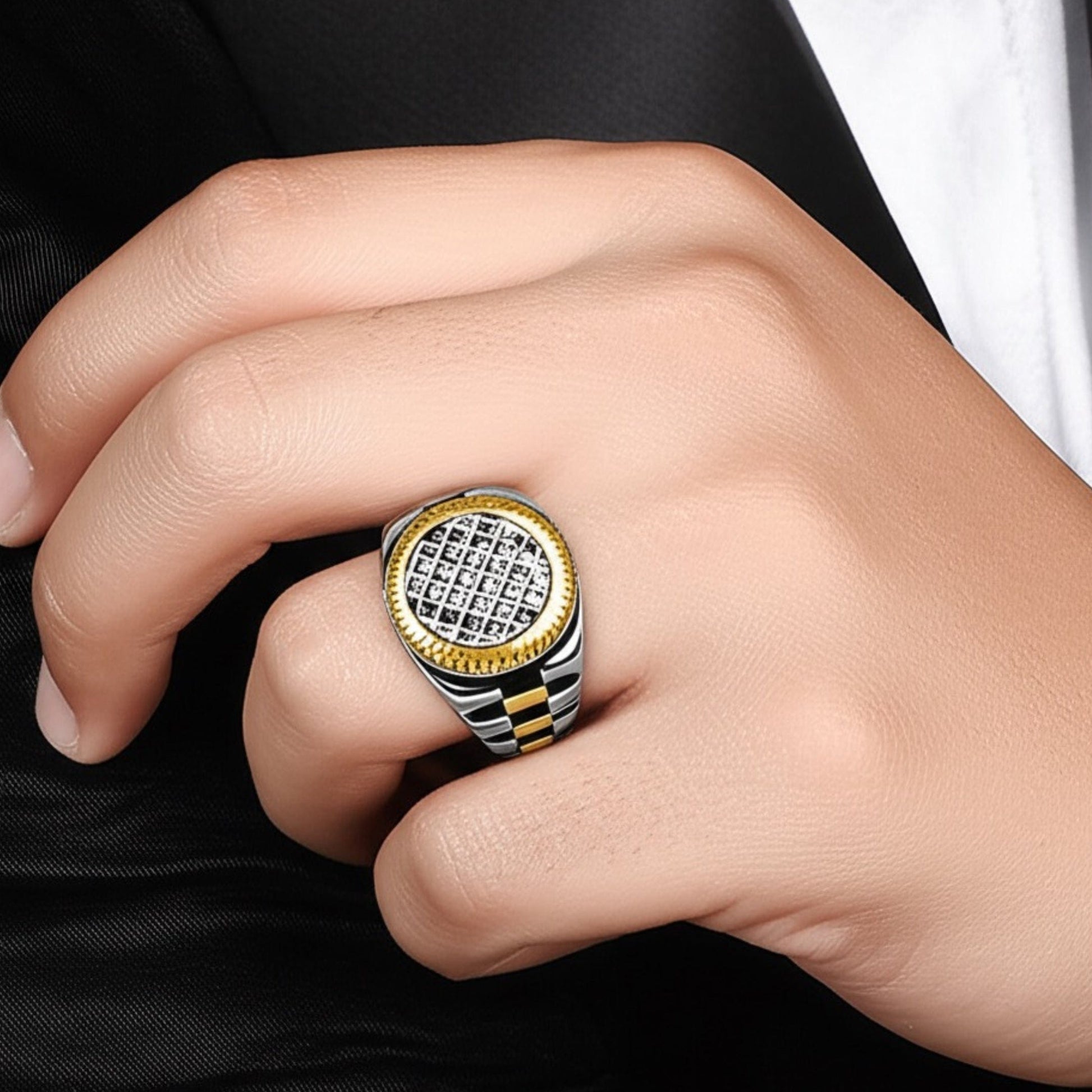 Royal Series - DOMINION GRID RING - Pure Stainless Steel Men’s Steel Gold-Plated Ring – Statement Luxury Jewelry (Size : 16-19-21-22-24-26) - THE MEN THING