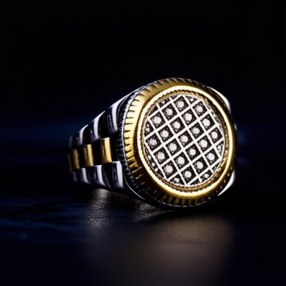 Royal Series - DOMINION GRID RING - Pure Stainless Steel Men’s Steel Gold-Plated Ring – Statement Luxury Jewelry (Size : 16-19-21-22-24-26) - THE MEN THING