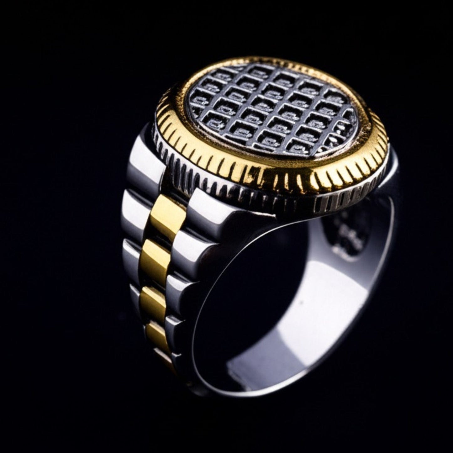 Royal Series - DOMINION GRID RING - Pure Stainless Steel Men’s Steel Gold-Plated Ring – Statement Luxury Jewelry (Size : 16-19-21-22-24-26) - THE MEN THING